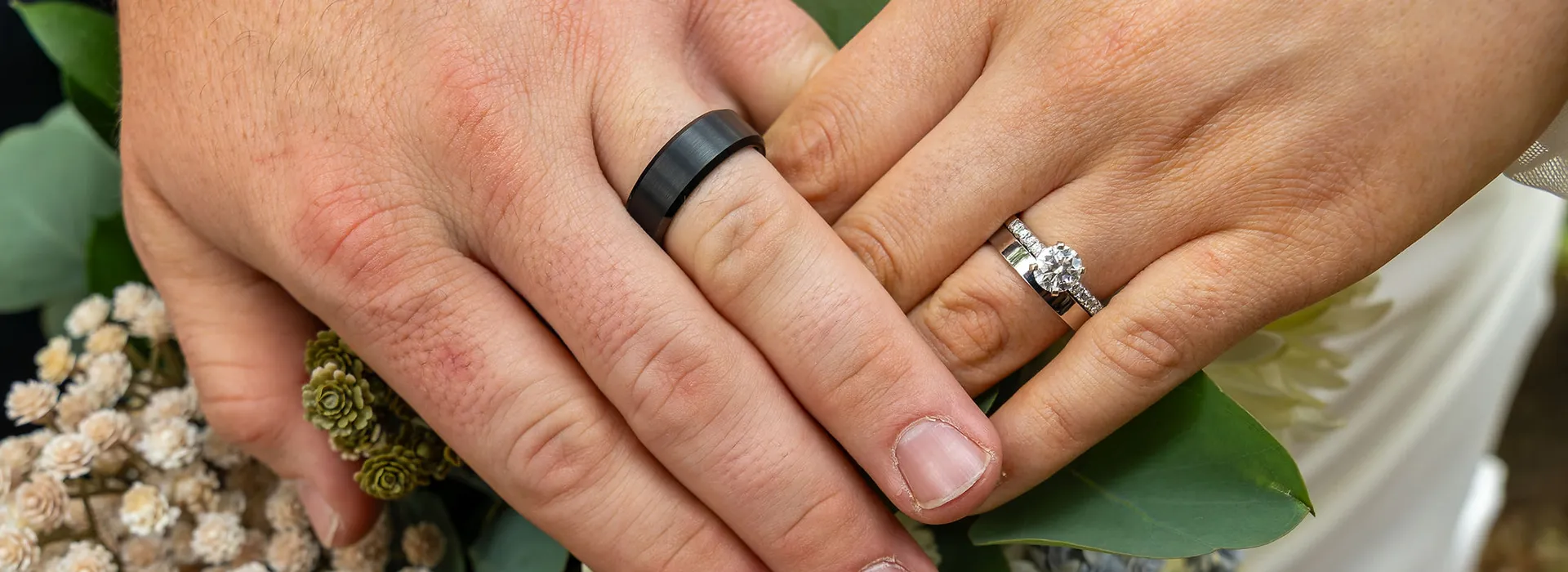 Close-up of wedding rings and hands